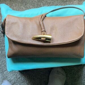 DKNY Cindy East West Clutch Shoulder Bag Pebbled Leather Flap Gold horn